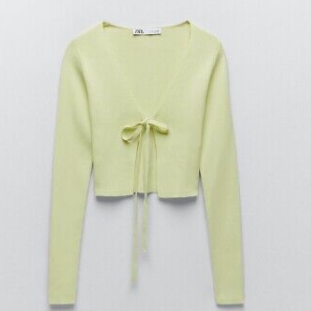 NWOT Zara Cropped Green Front Tie Cardigan